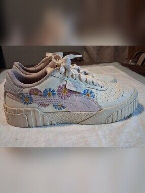 Puma Women's White Leather Sneakers with Pastel Floral Embroidery
